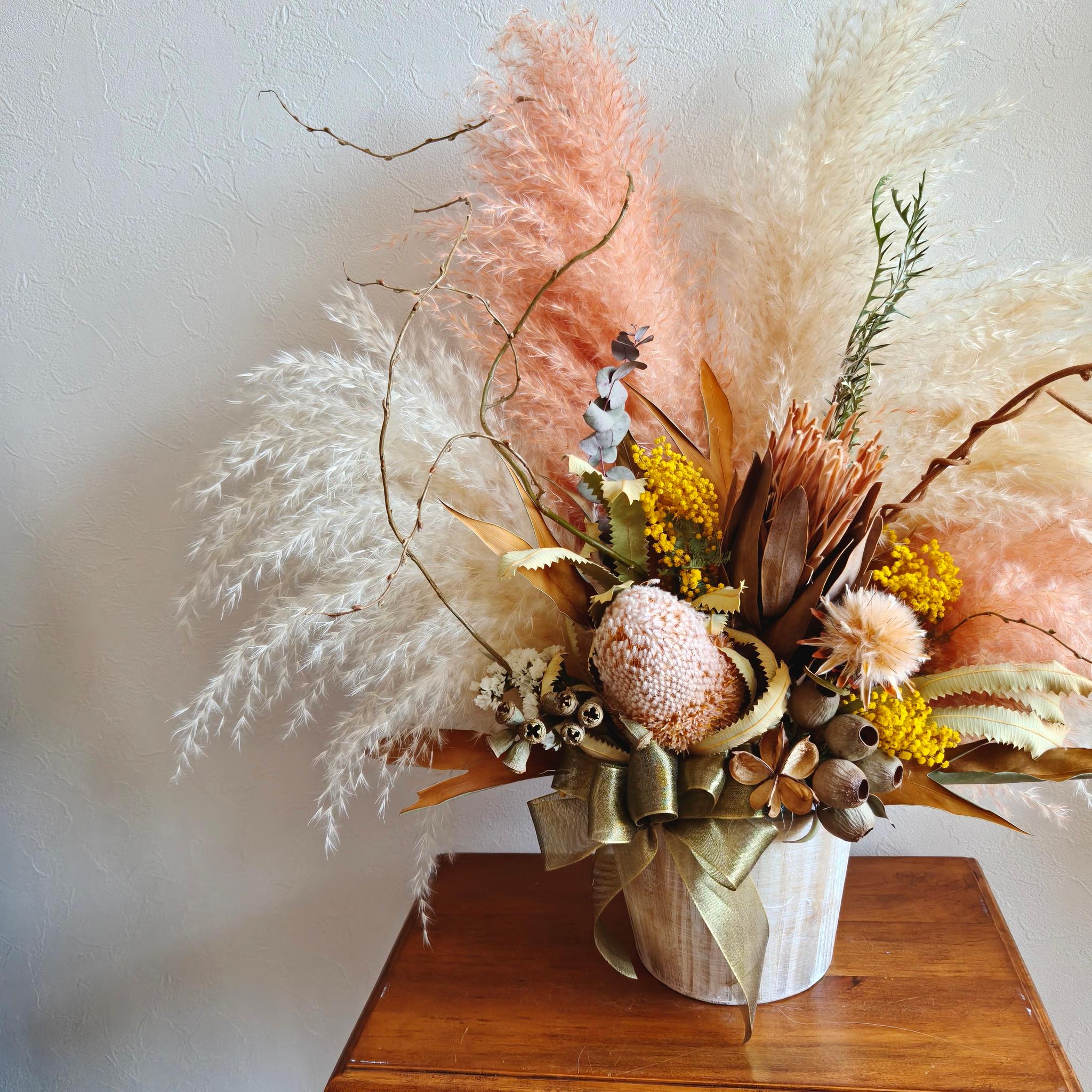 ワイルドフラワーとミモザのお祝い花L　パンパスグラス 開店祝い周年祝い新築祝い　インテリア店舗装飾　ドライフラワー | 4枚目